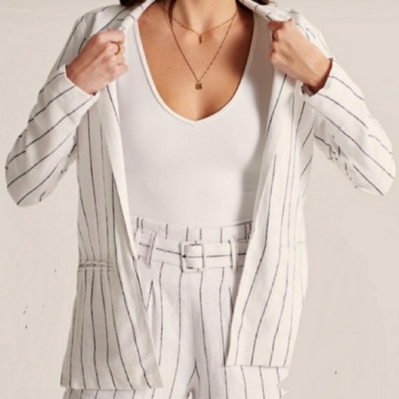 NEW Abercrombie & Fitch White Navy Pin Stripe Linen Blend Blazer‎ Size Medium - Picture 3 of 10